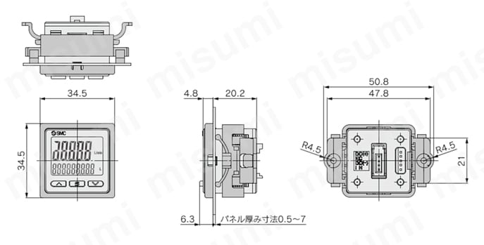 3画面 デジタルフローモニタ PFG300シリーズ パネルマウントアダプタ外形図