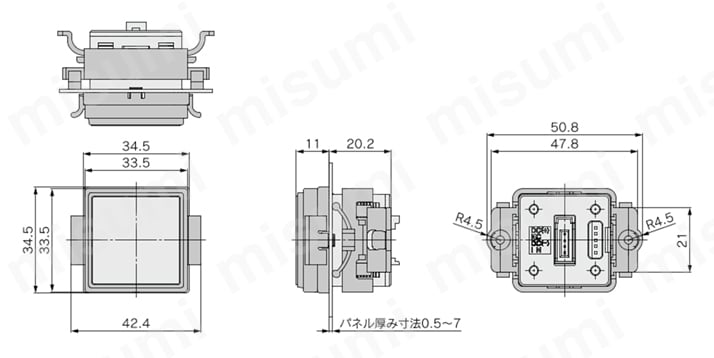 3画面 デジタルフローモニタ PFG300シリーズ パネルマウントアダプタ+前面保護カバー外形図