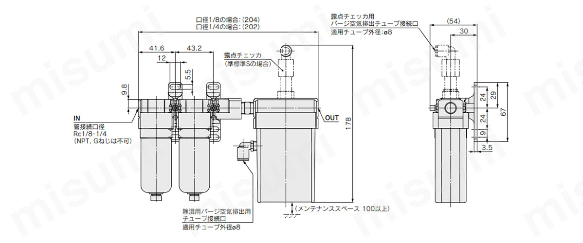 パージ空気排出用継手付（準標準：P）の外形寸法図