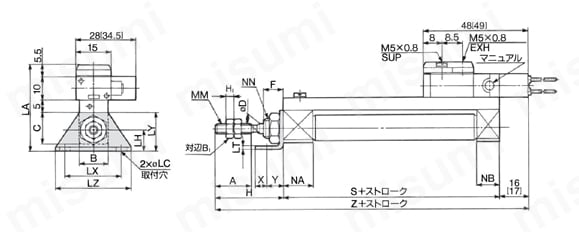 バルブ付エアシリンダ 単動 押出し・引込み CVJ3シリーズ 単動:押出し/軸方向フート形(L)CVJ3L外形図