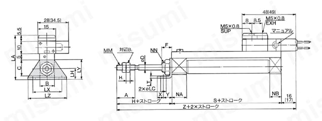 バルブ付エアシリンダ 単動 押出し・引込み CVJ3シリーズ 単動:引込み/軸方向フート形(L)CVJ3L外形図