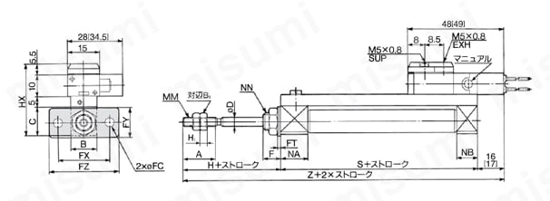 バルブ付エアシリンダ 単動 押出し・引込み CVJ3シリーズ 単動:引込み/ロッド側フランジ(F)CVJ3F外形図