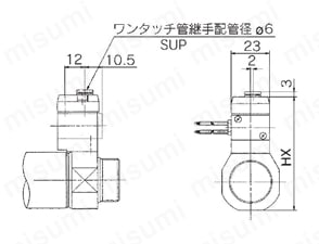 バルブ付エアシリンダ ロッド回り止め形：単動 押出し・引込み CVM3Kシリーズ ワンタッチ管継手内蔵外形図