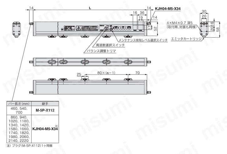 イオナイザ IZS31シリーズ 標準外バー長さ対応品(80㎜ピッチ)外形図