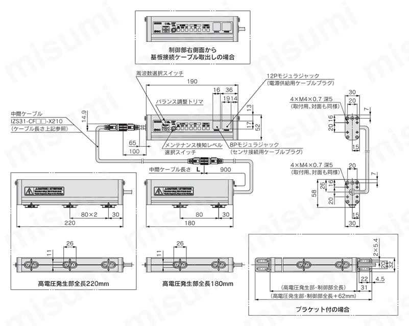 イオナイザ IZS31シリーズ 高電圧・制御部分分離型ショートタイプ外形図