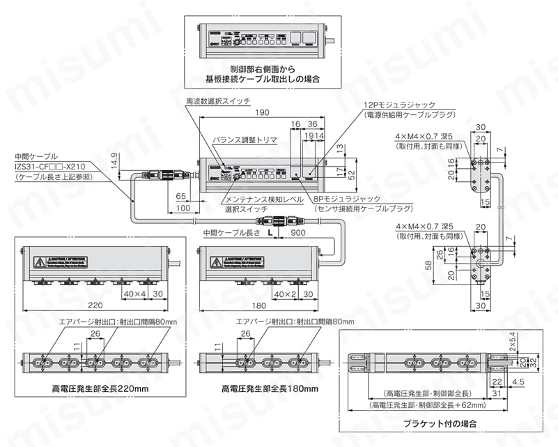 イオナイザ IZS31シリーズ 高電圧・制御部分分離型ショートタイプ/電極カートリッジ40㎜ピッチ品外形図
