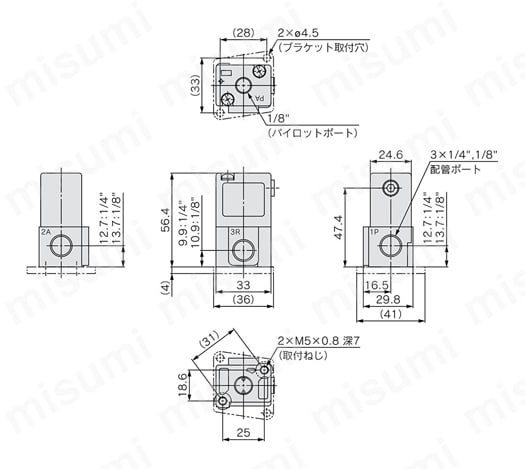 3ポートエアオペレートバルブ VTA301シリーズ ベース配管形:VTA301-□□□外形図