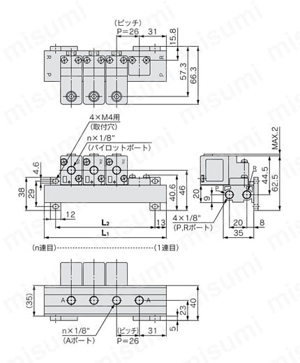 3ポートエアオペレートバルブ VTA301シリーズ マニホールド:VVTA300-□□3外形図