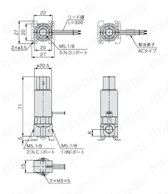 水・空気用小型直動3ポートソレノイドバルブ VDW200・300シリーズ VDW250-□G/W外形図