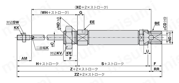 ISO規格準拠 エアシリンダ 標準形 単動・押出し、引込み C85シリーズ 単動・引込み/基本形(クレビス一体形) 外形図