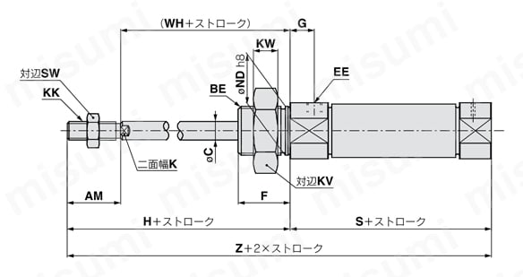 ISO規格準拠 エアシリンダ 標準形 単動・押出し、引込み C85シリーズ 単動・引込みボスカット基本形外形図