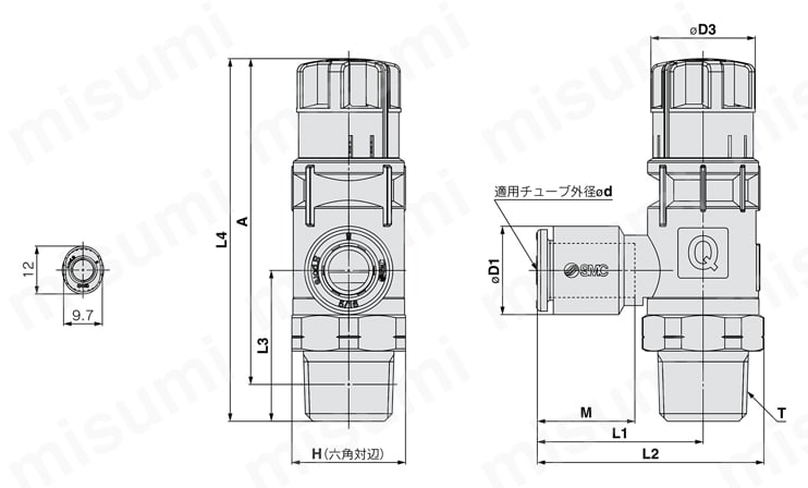 省エアスピードコントローラ 減圧機能付／急速給排気機能付 AS-R・AS-Qシリーズ AS-Q:シール方式/シール剤｜ねじの種類/R,NPT外形図