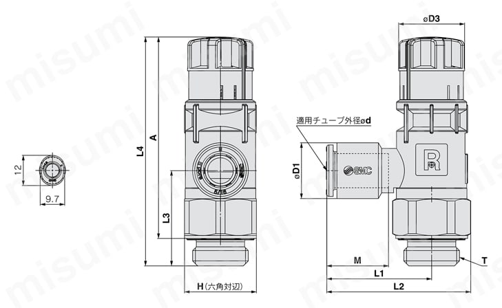 省エアスピードコントローラ 減圧機能付／急速給排気機能付 AS-R・AS-Qシリーズ AS-R:シール方式/パッキンシール｜ねじの種類/G外形図