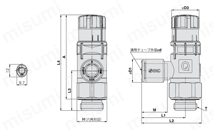 省エアスピードコントローラ 減圧機能付／急速給排気機能付 AS-R・AS-Qシリーズ AS-Q:シール方式/パッキンシール｜ねじの種類/G外形図
