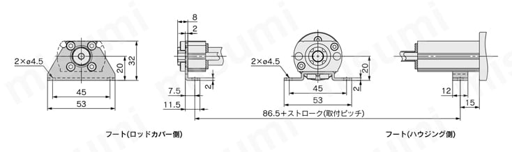 電動シリンダ LZCシリーズ L(D)ZCB3□軸方向フート形:L外形図