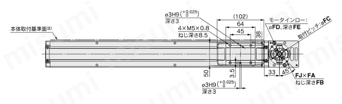電動アクチュエータ スライダタイプ ベルト駆動 モータレス仕様 LEFBシリーズ LEFB25/モータ上折返し(モータ種類:NZ/NY/NX)外形図