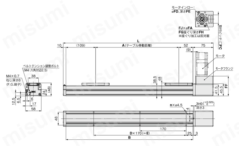 電動アクチュエータ スライダタイプ ベルト駆動 モータレス仕様 LEFBシリーズ LEFB25/モータ上折返し(モータ種類:NM1/NM2)外形図
