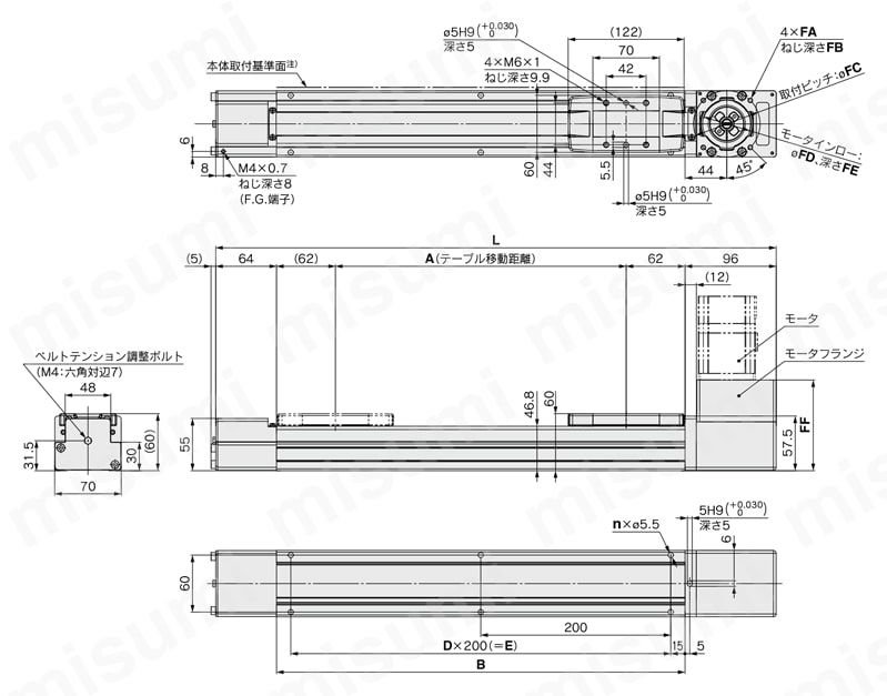 電動アクチュエータ スライダタイプ ベルト駆動 モータレス仕様 LEFBシリーズ LEFB32/モータ上折返し外形図