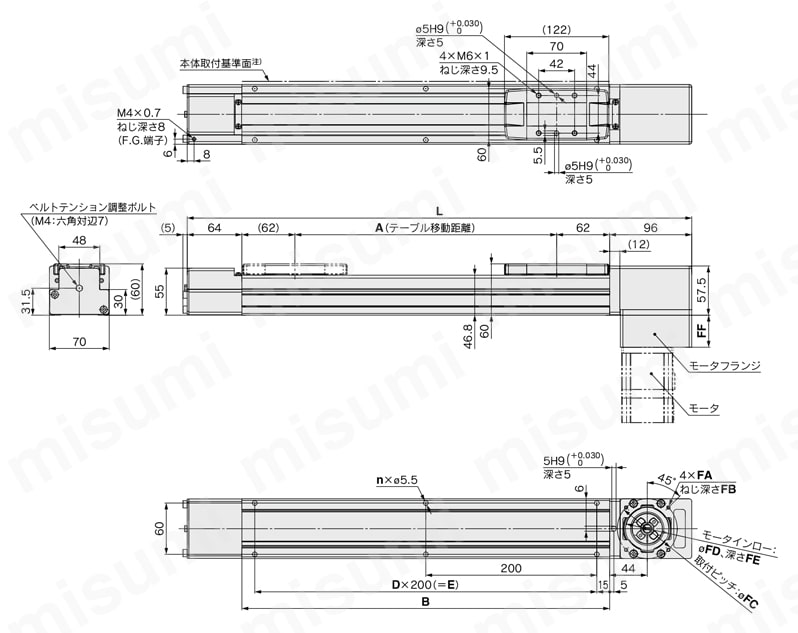 電動アクチュエータ スライダタイプ ベルト駆動 モータレス仕様 LEFBシリーズ LEFB32U/モータ下折返し外形図