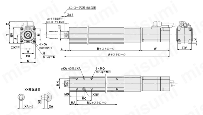 電動アクチュエータ ロッドタイプ LEYシリーズ ACサーボモータ LECS□ モータストレート外形図