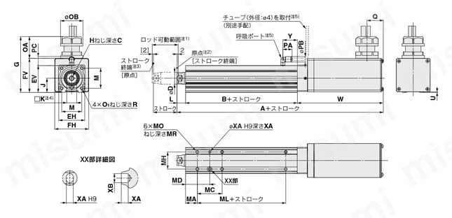 電動アクチュエータ ロッドタイプ 耐塵・防滴（IP65相当）仕様 LEY-X5シリーズ ステップモータ（サーボ DC24V）・サーボモータ（DC24V） モータストレート外形図