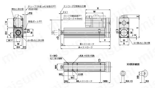 電動アクチュエータ ロッドタイプ 耐塵・防滴（IP65相当）仕様 LEY-X5シリーズ ACサーボモータ LECS□ モータ上側折返し/LEY25・32外形図