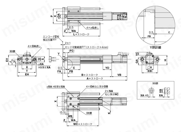 電動アクチュエータ ガイド付ロッドタイプ LEYGシリーズ ACサーボモータ LECS□ モータストレート外形図