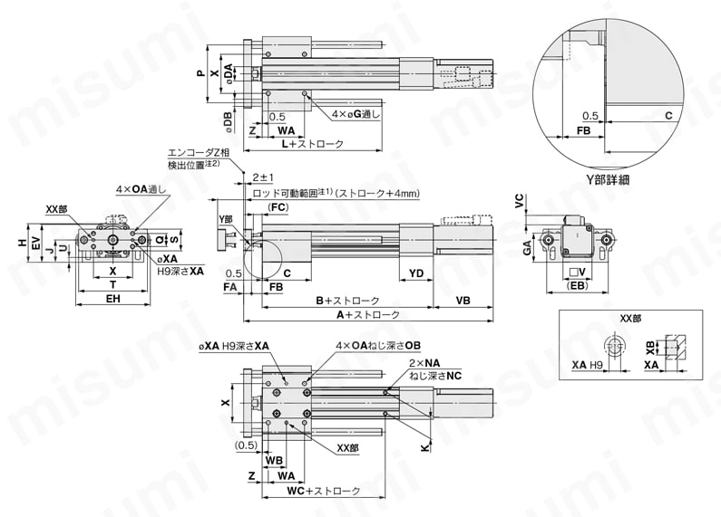 電動アクチュエータ ガイド付ロッドタイプ LEYGシリーズ ACサーボモータ LECY□ モータストレート外形図