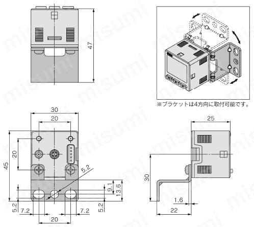2出力＋アナログ出力(電圧/電流)3画面 高精度デジタル圧力スイッチ ZSE20B(F)・ISE20Bシリーズ A2:ブラケットB外形図