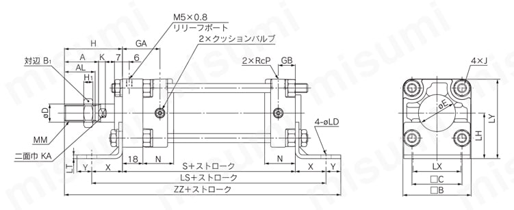 エアシリンダ クリーン・低発塵 10-／11-／21-／22-CA2シリーズ フート形(L) 10/11-CA2L, 21/22-CA2L外形図