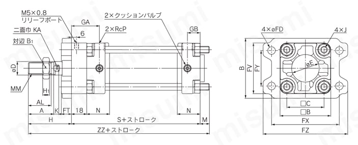 エアシリンダ クリーン・低発塵 10-／11-／21-／22-CA2シリーズ ロッド側フランジ形(F) 10/11-CA2F, 21/22-CA2F外形図