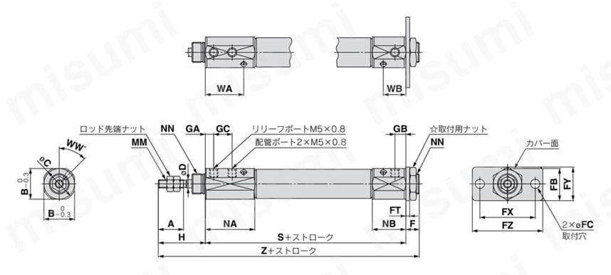 エアシリンダ クリーン・低発塵 10-／11-／21-／22-CJ2・CJ2-Zシリーズ ヘッド側フランジ形(G) エアクッション付外形図