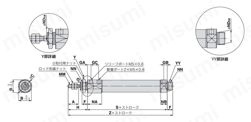 エアシリンダ クリーン・低発塵 10-／11-／21-／22-CJ2・CJ2-Zシリーズ 両側ボス付(E) ラバークッション外形図