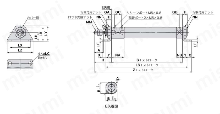 エアシリンダ クリーン・低発塵 10-／11-／21-／22-CJ2・CJ2-Zシリーズ 両側フート形(M) ラバークッション外形図