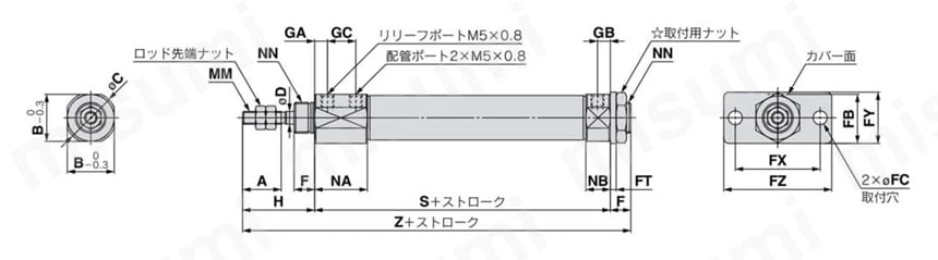 エアシリンダ クリーン・低発塵 10-／11-／21-／22-CJ2・CJ2-Zシリーズ ヘッド側フランジ形(G) ラバークッション外形図