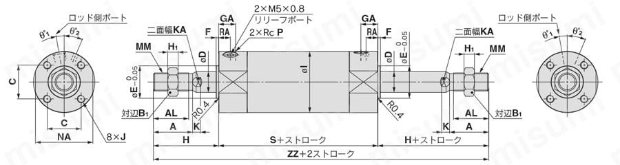 エアシリンダ 両ロッド クリーン/銅系・フッ素系不可 10-/11-/20-CG1W-Zシリーズ 外形図01