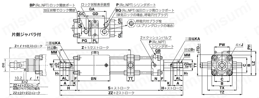 ファインロックシリンダ 複動 両ロッド CLA2Wシリーズ 外形図04