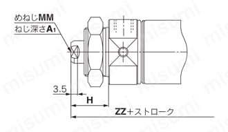 エアシリンダ クリーン・低発塵 10-／11-／20-／21-／22-CM2-Zシリーズ 基本形(両側ボス付)(B) ラバークッション付ロッド先端めねじ形外形図