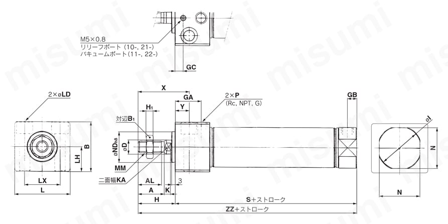ダイレクトマウントシリンダ クリーン・低発塵 10-／11-／20-／21-CM2R-Zシリーズ 底面取付形外形図