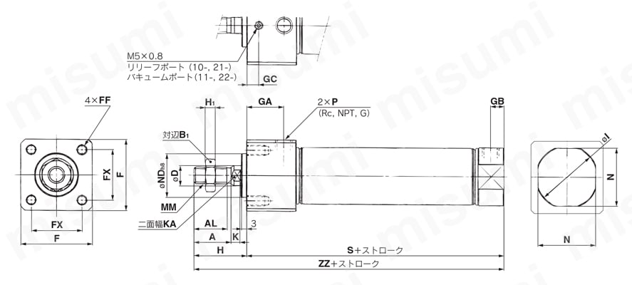 ダイレクトマウントシリンダ クリーン・低発塵 10-／11-／20-／21-CM2R-Zシリーズ 前面取付形 外形図