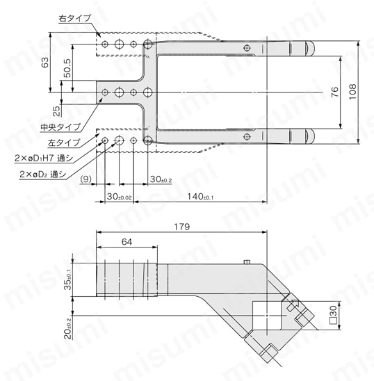 パワークランプシリンダ CKZTシリーズ クランプアーム:オフセット15/φ80外形図