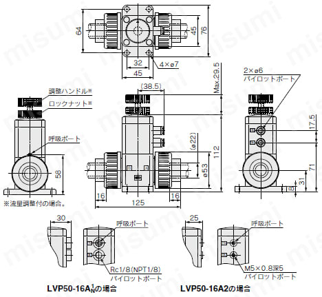 塩化ビニル製 エアオペレートバルブ LVPシリーズ 基本形、流量調整付/LVP5外形図