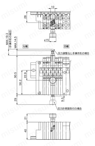 絞り弁付真空破壊弁 SJ3A6シリーズ マニホールド・オプションパーツ 減圧弁ブロック外形図