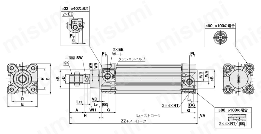 ISO規格（15552）準拠 エアシリンダ 標準形 複動 片・両ロッド CP96シリーズ Φ32～100 基本形:CP96S(D)Bチューブ内径-ストロークC(J)外形図