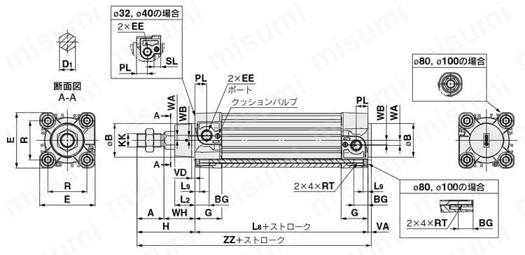 ISO（15552）規格準拠 エアシリンダ ロッド回り止め形 複動 片・両ロッド CP96Kシリーズ 外形図01