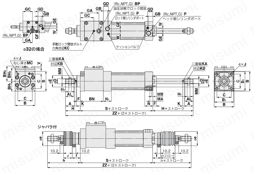 ロック付シリンダ 複動 両ロッド MWBWシリーズ 外形図01