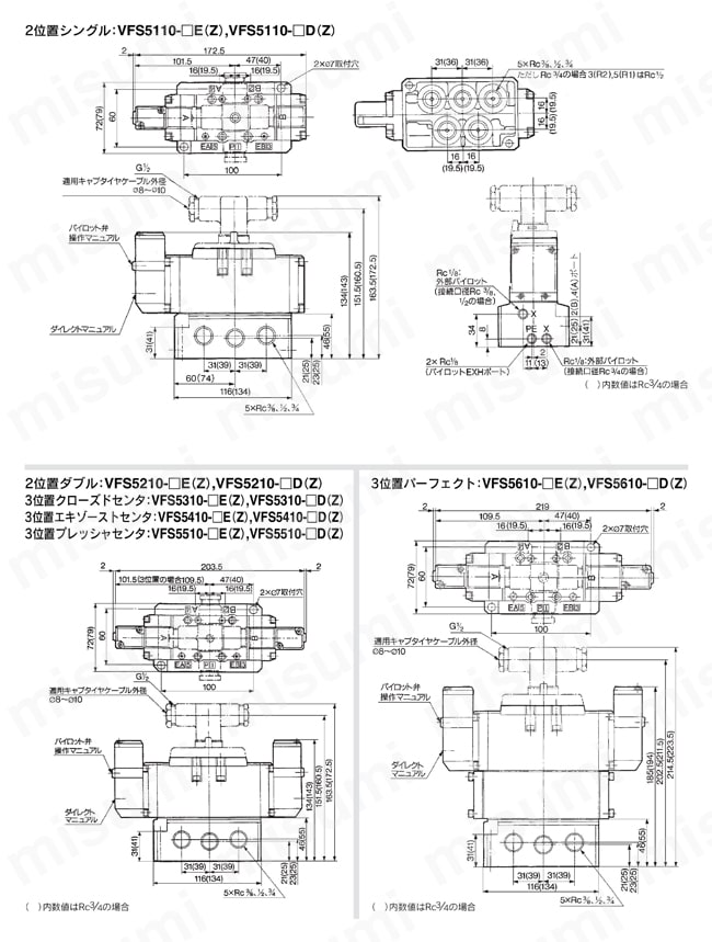 5ポートソレノイドバルブ パイロット形 メタルシール プラグインタイプ・ノンプラグインタイプ VFS5000シリーズ ノンプラグインタイプ外形図