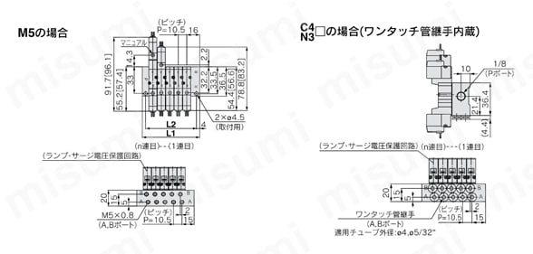 4・5ポートソレノイドバルブ SYJ3000・5000・7000シリーズ マニホールド SYJ3000:41型マニホールド:横配管/SS5YJ3-S41-連数-M5,C4・N3□外形図