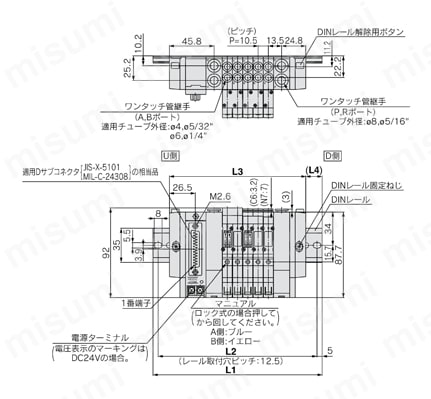 5ポートソレノイドバルブ SY3000・5000シリーズ ベース配管形マニホールド 分割形ベース DINレール取付形 プラグインタイプ SY3000:Dサブコネクタタイプ/プレグインSS5Y3-45FU-連数B-C4 ・C6・N3・N7外形図
