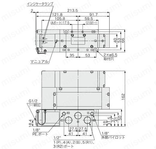 5ポートソレノイドバルブ ベース配管形 プラグイン 単体ユニット VQC5000シリーズ 外形図3